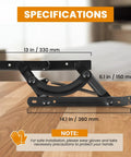 Adjustable Futon Hinges With Spring Mechanism Replacement showing dimensions 13in x 6.1in x 14.1in on wooden surface.