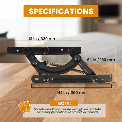 Adjustable Futon Hinges With Spring Mechanism Replacement showing dimensions 13in x 6.1in x 14.1in on wooden surface.