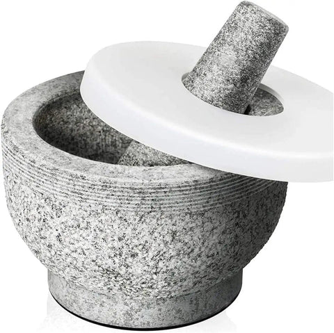 Mortar and Pestle Set With Lid, Two Cup Capacity, Silicone Lid, Non Slip Base Pad, Unpolished Granite Spice Grinder for Herbs