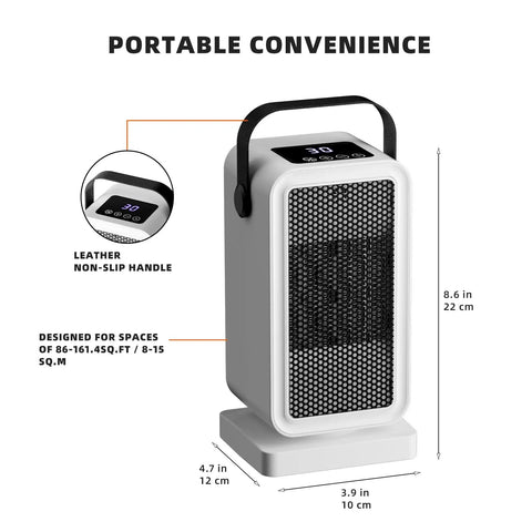 Fast 2 Second Warmth Ceramic Space Heater For Indoor Use with dimensions and handle details