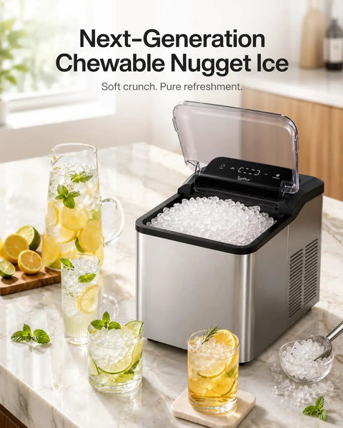 Top Rated Countertop Nugget Ice Maker With One Touch Deep Cleaning And Sleek Arctic Silver Trim Designed To Quickly Whip Up Soft Chewable Pebble Ice That Chills Your Daily Drinks Lightning Fast on kitchen counter with glasses.