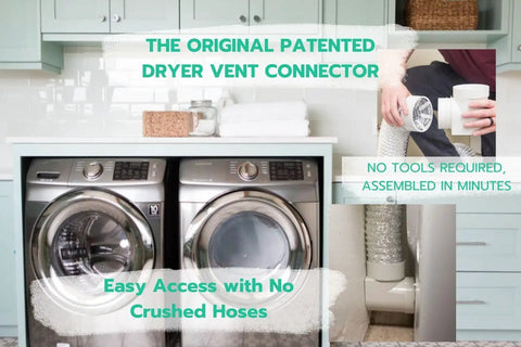 Laundry room with Dryer Vent Connector Kit 90 Degree Vent Hose Elbow for Tight Spaces Space Saving Dryer Vent Elbow DIY Toolless Install with Airtight Seal STV 90 Compatible installed