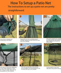 Steps for setting up a patio umbrella netting, from unfolding to securing at the base on grass, showing polyester mesh and zipper door.