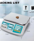 Beefy Counting Scale With 30kg/66lb Capacity And 0.1g Precision For Parts, Jewelry, And Coins, shown with dimensions and packing list.