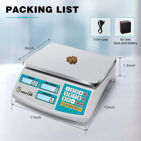 Beefy Counting Scale With 30kg/66lb Capacity And 0.1g Precision For Parts, Jewelry, And Coins, shown with dimensions and packing list.