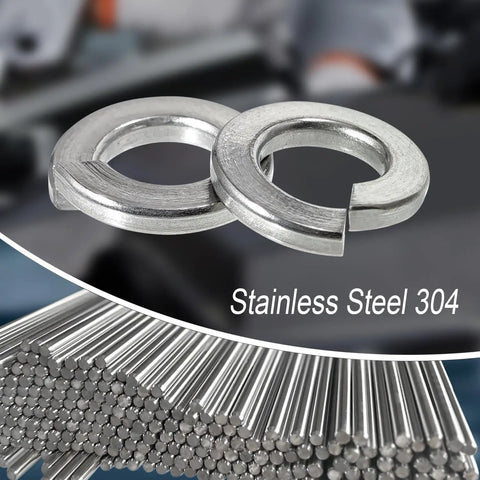 Set Of 100 No 10 Split Lock Washers For Rugged Jobs, 304 Stainless Steel With Silver Finish, Heavy Duty Spring Lock Washers