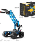 Robotic arm kit with blue metal frame, claw end and tracked base, with box.