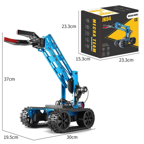 Robotic arm kit with blue metal frame, claw end and tracked base, with box.