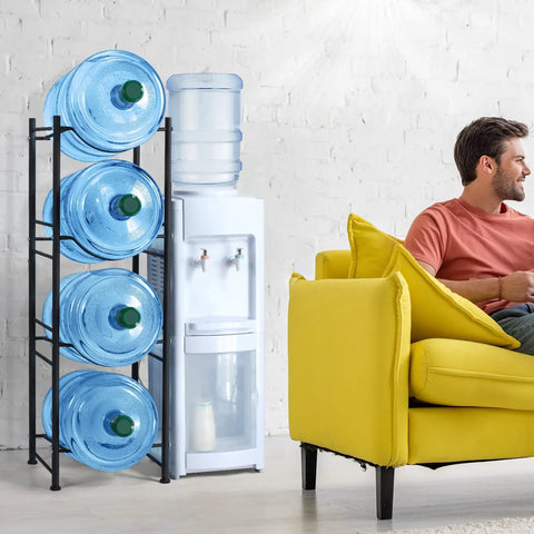 Heavy Duty Four Tier Water Bottle Rack For 5 Gallon Jugs, Detachable Storage Shelf next to dispenser in home setting