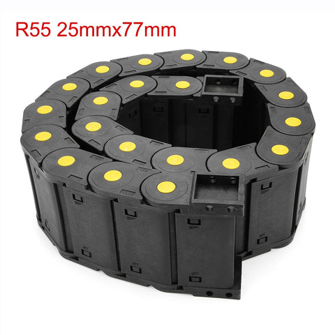 Coiled R55 25mm By 77mm Plastic Cable Drag Chain with yellow connectors, closed type with openable cover, 1 meter long.
