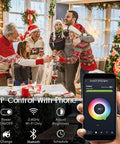 Family adjusting Solar Powered Outdoor String Lights 27ft RGB Color Changing, Dimmable Edison Bulbs with smartphone app.