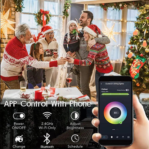 Family adjusting Solar Powered Outdoor String Lights 27ft RGB Color Changing, Dimmable Edison Bulbs with smartphone app.