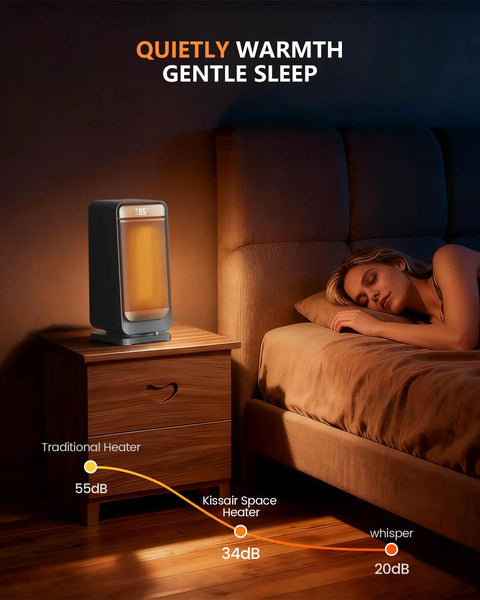 Cozy 1500W Space Heater With Remote, Portable Electric Heater for bedside warmth and quiet sleep in bedroom.