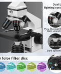 All In One Compound Microscope Kit For Kids And Adults 100X To 2000X With Dual LED 4X 10X 40X Objectives and filter disc