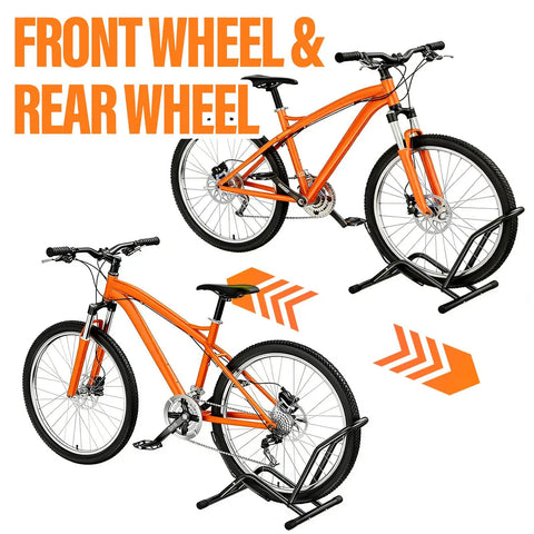 Push In Floor Bike Stand For 16 To 29 Inch Bikes No Lift Needed Easy Roll In Garage Parking Rack holding orange bikes