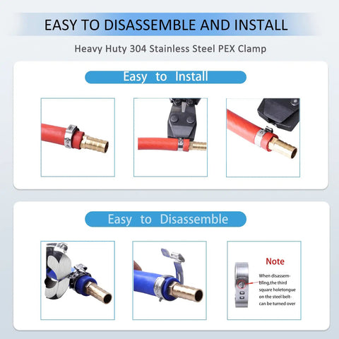 Steps illustrating how to install and disassemble Heavy Duty 304 Stainless PEX Hose Clamps Set Real Deal With 100 Pieces Including Fifty Of One Half Inch And Fifty Of Three Quarter Inch Cinch Clamps For PEX Tubing And Pipe Fittings Leak Proof Built To Last.