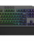 Full Size Mechanical Gaming Keyboard Featuring Top Tier Rgb Lighting And Snappy Red Switches with detachable palm rest.