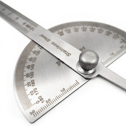 Rock Solid Stainless Steel Angle Protractor Ruler showing dual scale markings for accurate carpentry measurements.