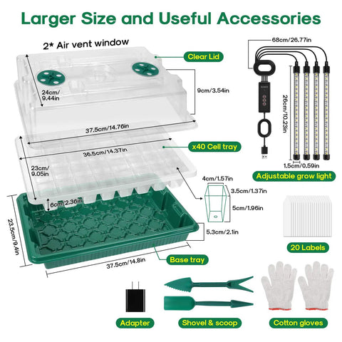 Seed Starter Tray With Grow Light 2 Pack 80 Cell Seedling Kit With Humidity Dome Indoor Plant Germination Trays Adjustable Brightness Full Spectrum LED Grow Light Green with clear lid and base tray dimensions