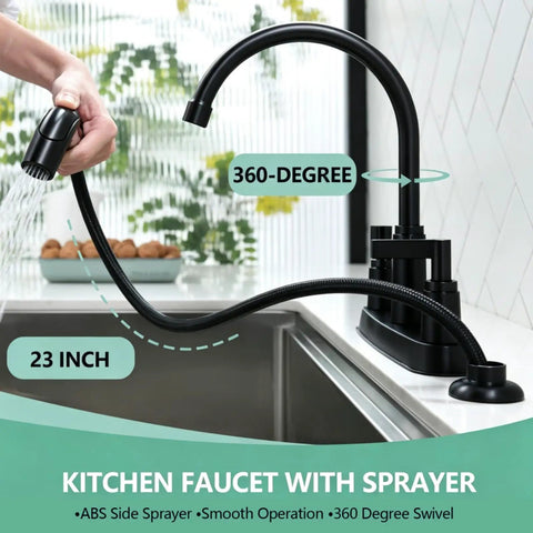 Two Handle Kitchen Sink Faucet With Side Sprayer And High Arc 360 Degree Swivel Dope Matte Black Stainless Steel Finish