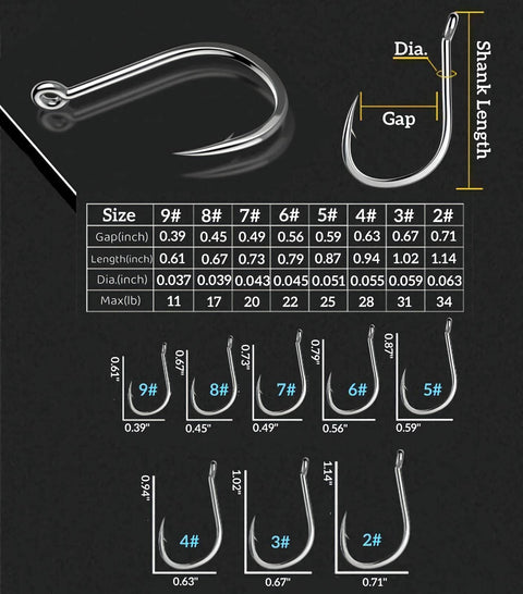Diagram of Bulk Fishing Hooks Set 400 Pcs Assorted Sizes for Freshwater and Saltwater Fishing with size measurements and angles.