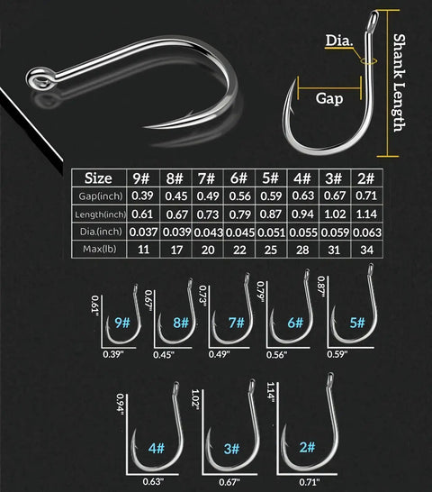 Bulk Fishing Hooks Set 800 Pieces Eight Sizes 9 To 2 For Freshwater And Saltwater Catfish Worm Fishing Gear size chart and diagram