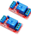 Image showing 2 Pack 24V DC One Channel Relay Module With Opto Isolation High Or Low Level Trigger For Arduino Raspberry Pi And Home Automation Projects Great For DIY Electronics And Industrial Controls. Visible are two relay modules with blue connectors on a red circuit board.