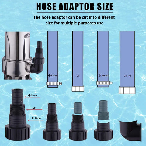 Hose adaptor sizes for Heavy Duty 3/4 HP Submersible Sump Pump With 2800 GPH Water Pump Capability, stainless steel body.