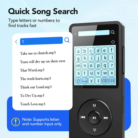 64GB MP3 Player With 65 Hours Of Battery Life Ultra Lightweight Pocket Sized Music Player showing quick song search feature.