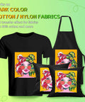 HTVRONT heat transfer paper for dark fabrics; black T-shirt, apron, and two throw pillows with bright orange artwork.