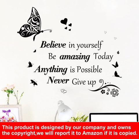 Three Sheet Totally Motivational Wall Decals With Uplifting Quotes And Butterfly And Flower Art displayed on a wall near plants.