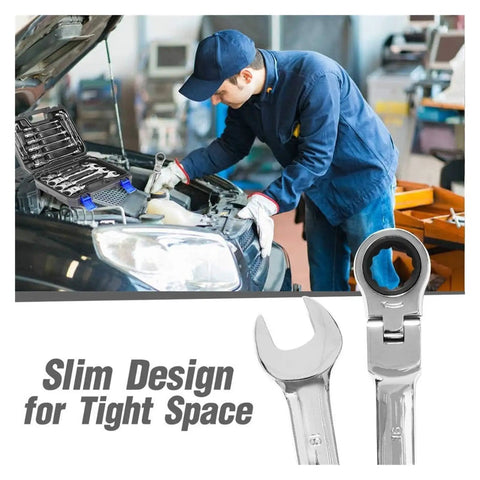 Mechanic using 14 Piece Ratchet Spanner Set With Multitool Wrenches, Easy Grip Hand Tools For Tight Spaces, Rust Resistant Durable Spanners For Car Repair And DIY Projects near car engine, close-up of wrench included.