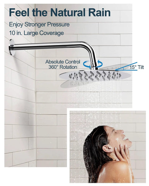 GRANDJOY Shower Faucet Set 10" Rainfall Shower Head Polished Chrome with 360° rotation and 15° tilt for large coverage.