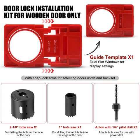Premium Aluminum Door Hinge Jig And Lock Installation Template Kit For Dead On Router Cuts Flawless Wood Door Mortise Work Big Time Game Changer Contractors Swear By, featuring guide template and hole saws.
