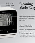 Portable Compact Countertop Dishwasher With Built In Five Liter Water Tank Plug And Play Quick Cycles Renters Approved For Tiny Apartments showing digital display and washing programs.