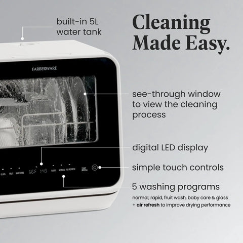 Portable Compact Countertop Dishwasher With Built In Five Liter Water Tank Plug And Play Quick Cycles Renters Approved For Tiny Apartments showing digital display and washing programs.