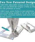 Reliable Universal Door Latch Restorer Strike Plate Pair In Warm Satin Nickel showing adjustable tongue and new screw holes for stability.