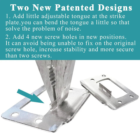 Reliable Universal Door Latch Restorer Strike Plate Pair In Warm Satin Nickel showing adjustable tongue and new screw holes for stability.