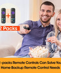 Couple sitting on sofa holding bowl, showing Two Pack Replacement TV Remote Control No Setup Required for Roku TVs in image inset