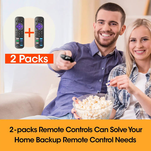 Couple sitting on sofa holding bowl, showing Two Pack Replacement TV Remote Control No Setup Required for Roku TVs in image inset