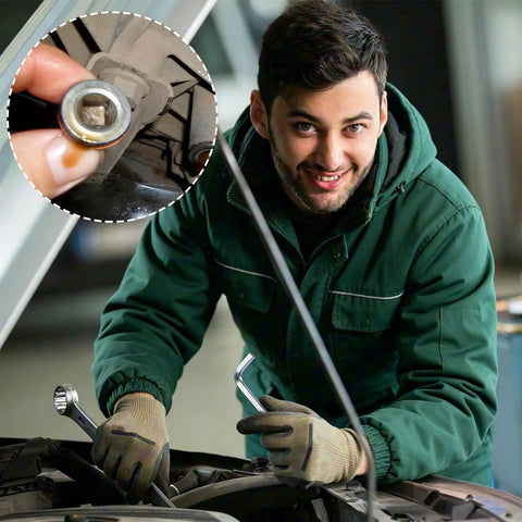 Mechanic using Four Piece L Shaped Square Head Wrench Set With 3mm 4mm 5mm And 6mm Sizes on car engine, close-up on wrench.