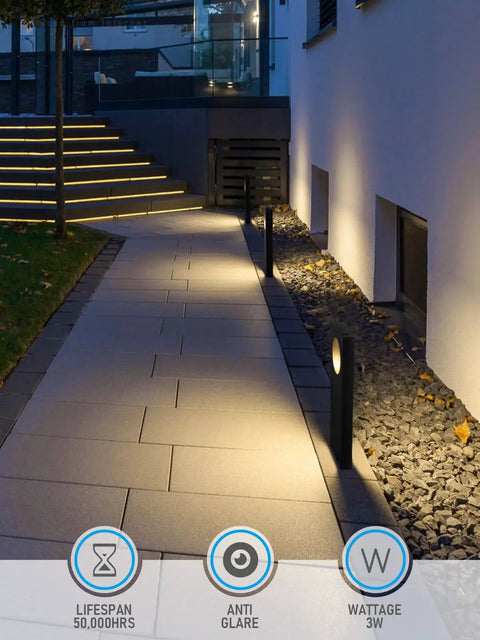 LED Low Voltage Pathway Lights Pack Of 4, 12V AC/DC Landscape Lighting With Anti Glare Dual Side Glow beside modern walkway