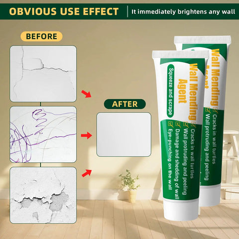 4 Pack Wall Repair Kit With Drywall Repair Cream Paste, Scraper, Patches, And Sandpaper showing before and after wall repair
