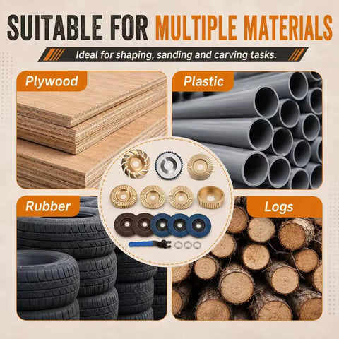 14 Piece Wood Carving Disc Set For Angle Grinder Pro Grade Heavy Duty Complete Kit with wheels and discs on materials display