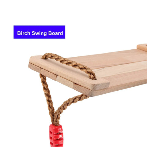 Heavy Duty Wooden Swing Seat For Adults With Adjustable Rope And Carabiner Sturdy Backyard Tree Swing With 330 Lbs Capacity Wide Thick Wood Seat Board For Home Garden Fun And Outdoor Play; Close-up of corner showing texture and rope attachment.