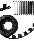 Black Landscape Edging Kit 20 Ft With 20 Spikes 2 Inch Tall Plastic Garden Border For Landscaping Flower Beds And Lawn Durable PE Material Cut To Fit No Fuss Easy Install, showing roll and spikes.
