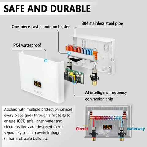Diagram showcasing 5500W Mini Electric Tankless Water Heater With Remote And Digital Display, components labeled.