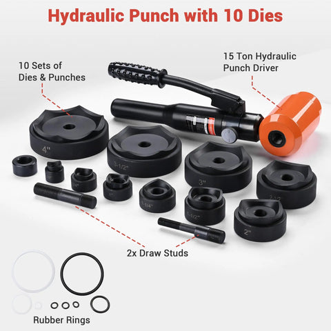 Hydraulic Knockout Punch Set, 15-Ton Handheld Conduit Hole Cutter Kit With 10 Interchangeable Dies on display