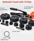 15-Ton Hydraulic Knockout Punch Kit With 10 Dies for Holes From 1/2 to 4 Inch showing components and punch driver.