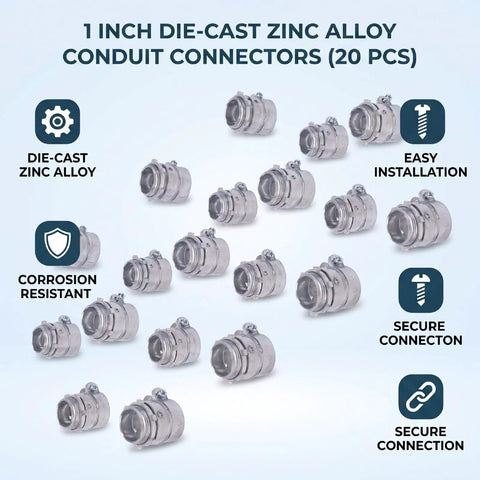 20-Pack of One-Inch Squeeze Conduit Connectors Crafted from Die Cast Zinc Alloy with Heavy-Duty Reversible Locking Nuts for Rock Solid Wiring Hookups That Hold Fast and Beat Wear on Rigid Electrical Conduit Runs, showing die-cast zinc alloy connectors.